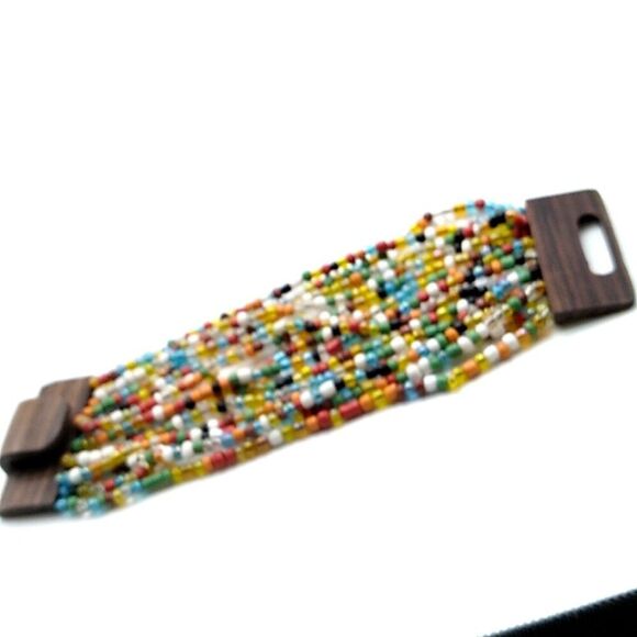 Glass Beaded Stretch Bracelet 14 Strand Wood Buckle Multi-colored - Picture 14 of 14